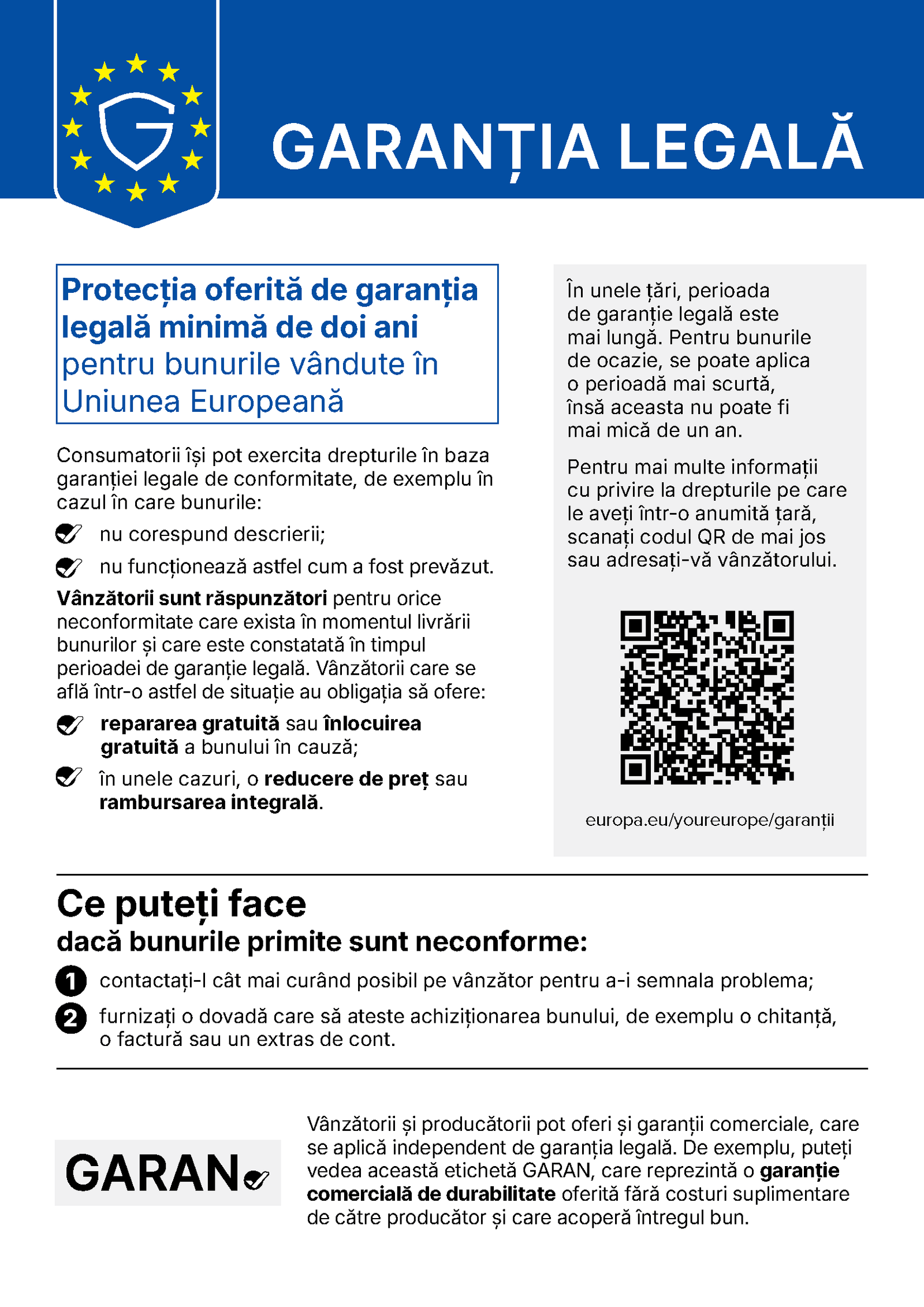 Notificarea oficială privind garanția legală de conformitate